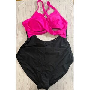 Eomenie Womens Pink Black One Piece Cut Out CrissCross Back Tie Swimsuit Size L‎